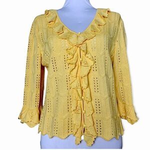 ST. JOHN women’s yellow ruffle trim knit cardigan sz 8